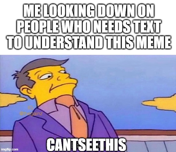 Tell me in the comments if you what this is | ME LOOKING DOWN ON PEOPLE WHO NEEDS TEXT TO UNDERSTAND THIS MEME; CANTSEETHIS | image tagged in pathetic | made w/ Imgflip meme maker