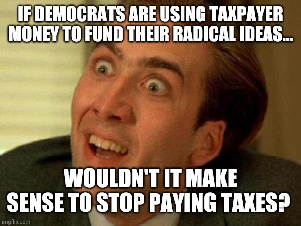 It makes sense to me. | IF DEMOCRATS ARE USING TAXPAYER MONEY TO FUND THEIR RADICAL IDEAS... WOULDN'T IT MAKE SENSE TO STOP PAYING TAXES? | image tagged in memes | made w/ Imgflip meme maker