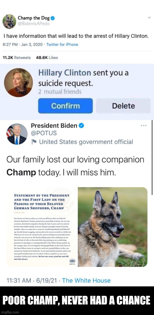 Champ, the recent Clintoncide | POOR CHAMP, NEVER HAD A CHANCE | image tagged in killary,creepy joe biden | made w/ Imgflip meme maker