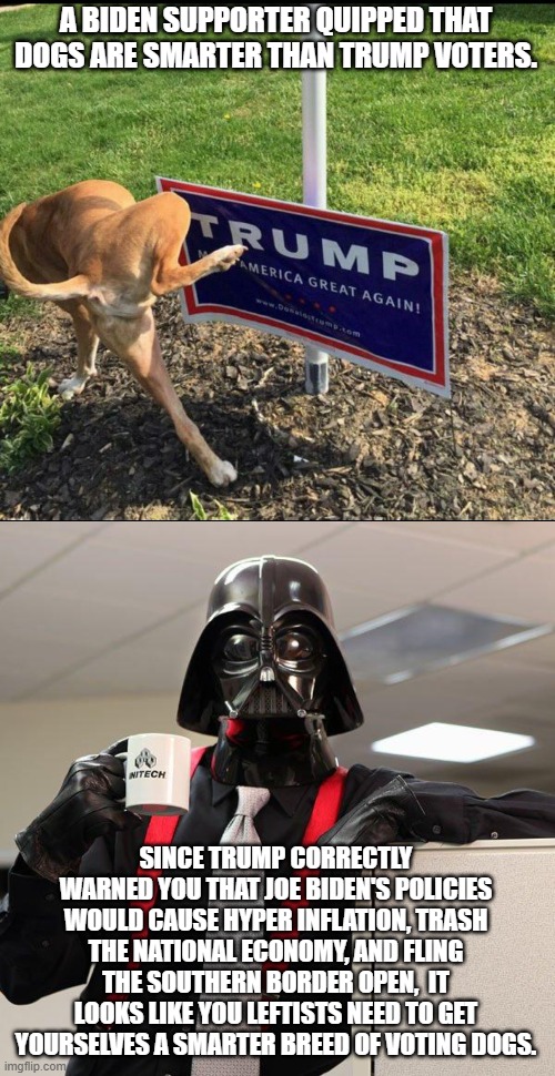 A BIDEN SUPPORTER QUIPPED THAT DOGS ARE SMARTER THAN TRUMP VOTERS. SINCE TRUMP CORRECTLY WARNED YOU THAT JOE BIDEN'S POLICIES WOULD CAUSE HYPER INFLATION, TRASH THE NATIONAL ECONOMY, AND FLING THE SOUTHERN BORDER OPEN,  IT LOOKS LIKE YOU LEFTISTS NEED TO GET YOURSELVES A SMARTER BREED OF VOTING DOGS. | image tagged in trashed economy,open southern border,hyper inflation | made w/ Imgflip meme maker