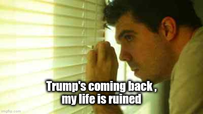 Paranoid guy  | Trump's coming back ,
my life is ruined | image tagged in paranoid guy | made w/ Imgflip meme maker