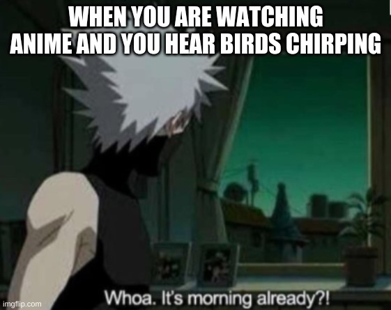 Haha this happened to me like 7 times | WHEN YOU ARE WATCHING ANIME AND YOU HEAR BIRDS CHIRPING | made w/ Imgflip meme maker