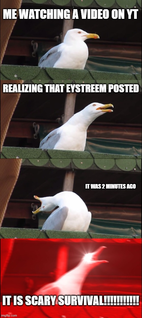 According to law.... I relate to this meme | ME WATCHING A VIDEO ON YT; REALIZING THAT EYSTREEM POSTED; IT WAS 2 MINUTES AGO; IT IS SCARY SURVIVAL!!!!!!!!!!! | image tagged in memes,inhaling seagull | made w/ Imgflip meme maker