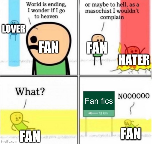 AHHH | LOVER; FAN; FAN; HATER; Fan fics; FAN; FAN | image tagged in guy goes to insert text here | made w/ Imgflip meme maker