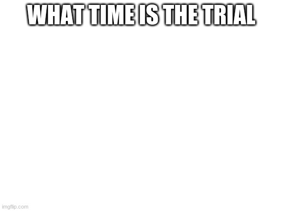 Blank White Template | WHAT TIME IS THE TRIAL | image tagged in blank white template | made w/ Imgflip meme maker