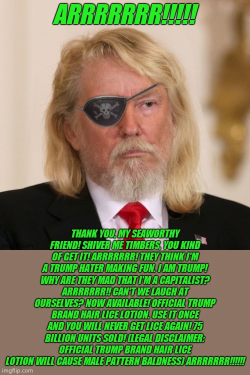 ARRRRRRR!!!!! THANK YOU, MY SEAWORTHY FRIEND! SHIVER ME TIMBERS, YOU KIND OF GET IT! ARRRRRRR! THEY THINK I'M A TRUMP HATER MAKING FUN. I AM | image tagged in piratetrump | made w/ Imgflip meme maker