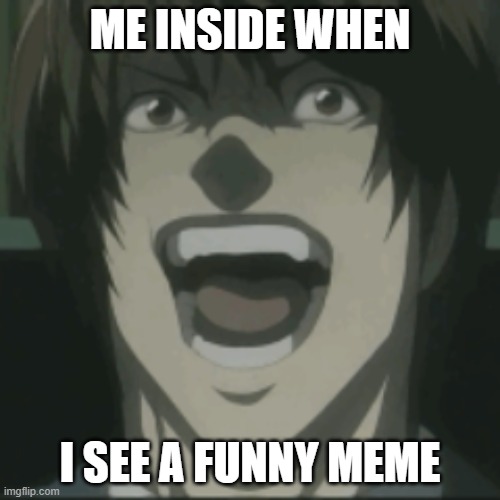 me when i see a really funny meme | ME INSIDE WHEN; I SEE A FUNNY MEME | image tagged in death note light yagami laugh anime | made w/ Imgflip meme maker