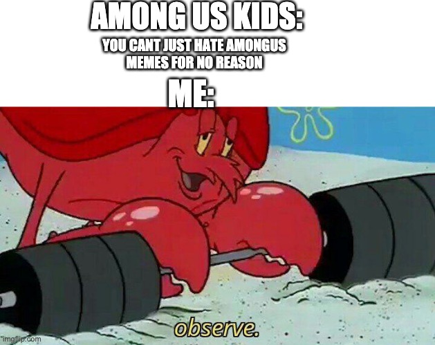 Obeserve | AMONG US KIDS:; YOU CANT JUST HATE AMONGUS
MEMES FOR NO REASON; ME: | image tagged in observe | made w/ Imgflip meme maker