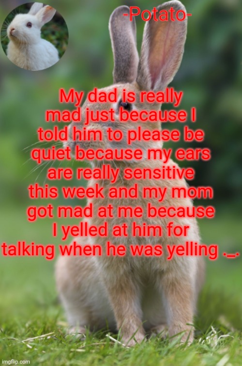 I can't control the tone of my voice and headphones are broke :/ | My dad is really mad just because I told him to please be quiet because my ears are really sensitive this week and my mom got mad at me because I yelled at him for talking when he was yelling ._. | image tagged in -potato- rabbit announcement | made w/ Imgflip meme maker