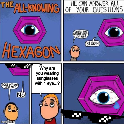Bruh |  Why are you wearing sunglasses with 1 eye...? No | image tagged in all knowing hexagon original | made w/ Imgflip meme maker