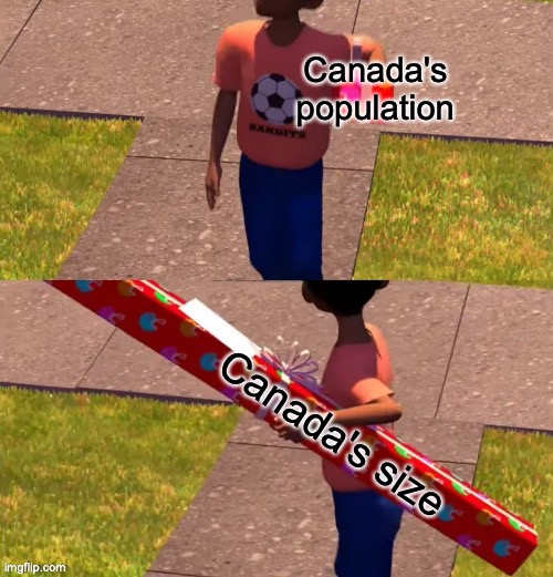 Toy Story Present Kid |  Canada's population; Canada's size | image tagged in toy story present kid | made w/ Imgflip meme maker