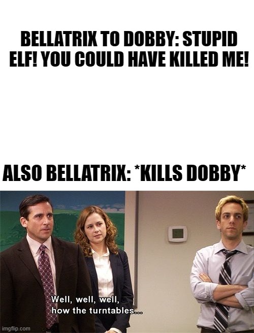 How the turntables | BELLATRIX TO DOBBY: STUPID ELF! YOU COULD HAVE KILLED ME! ALSO BELLATRIX: *KILLS DOBBY* | image tagged in blank white template,how the turntables | made w/ Imgflip meme maker