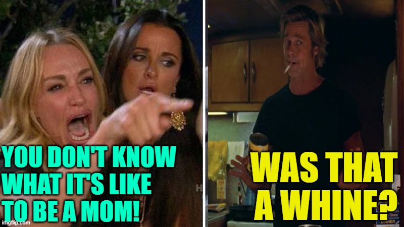 Once Upon a Whine |  WAS THAT A WHINE? YOU DON'T KNOW
WHAT IT'S LIKE
TO BE A MOM! | image tagged in housewife vs cat,once upon a time in hollywood,mothers,whining,brad pitt,funny memes | made w/ Imgflip meme maker