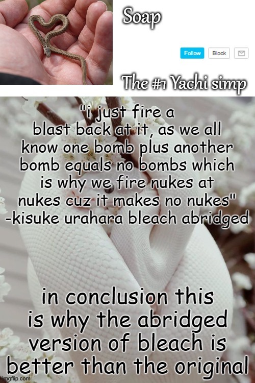 "i just fire a blast back at it, as we all know one bomb plus another bomb equals no bombs which is why we fire nukes at nukes cuz it makes no nukes" -kisuke urahara bleach abridged; in conclusion this is why the abridged version of bleach is better than the original | image tagged in soap snake temp ty yachi | made w/ Imgflip meme maker