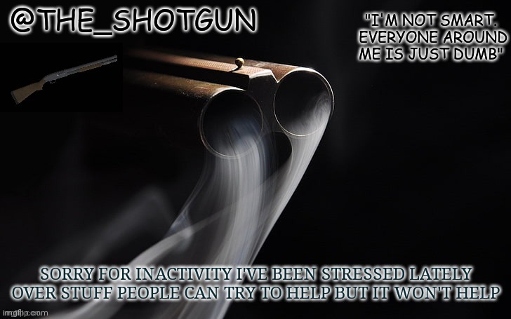 Sorry again | SORRY FOR INACTIVITY I'VE BEEN STRESSED LATELY OVER STUFF PEOPLE CAN TRY TO HELP BUT IT WON'T HELP | image tagged in yet another temp for shotgun | made w/ Imgflip meme maker