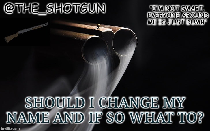 Yet another temp for shotgun | SHOULD I CHANGE MY NAME AND IF SO WHAT TO? | image tagged in yet another temp for shotgun | made w/ Imgflip meme maker