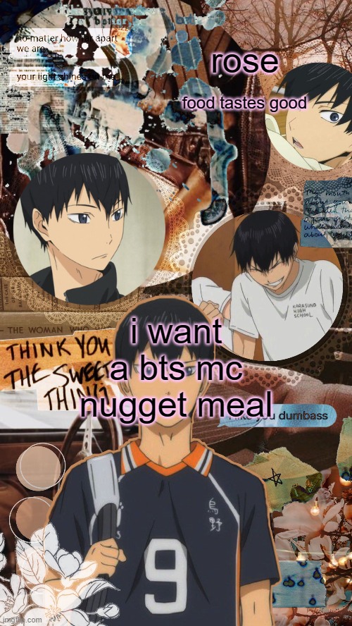 roses kageyama temp | i want a bts mc nugget meal | image tagged in roses kageyama temp | made w/ Imgflip meme maker