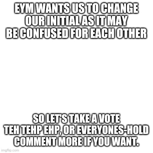 Our first Vote! | EYM WANTS US TO CHANGE OUR INITIAL AS IT MAY BE CONFUSED FOR EACH OTHER; SO LET'S TAKE A VOTE TEH TEHP EHP, OR EVERYONES-HOLD COMMENT MORE IF YOU WANT. | image tagged in memes,blank transparent square | made w/ Imgflip meme maker