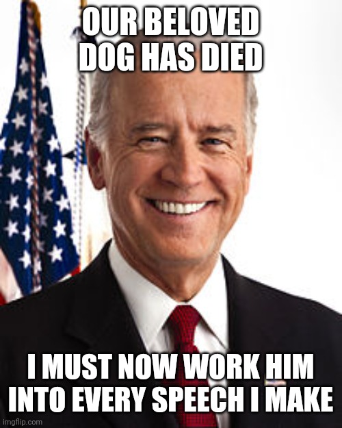 Joe Biden Meme | OUR BELOVED DOG HAS DIED; I MUST NOW WORK HIM INTO EVERY SPEECH I MAKE | image tagged in memes,joe biden | made w/ Imgflip meme maker