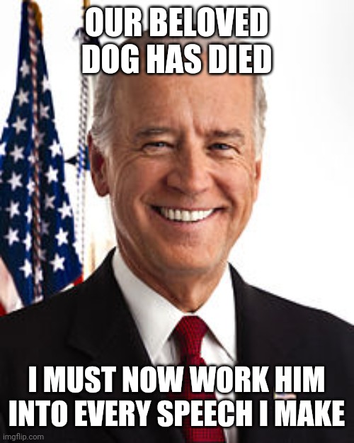 Joe Biden | OUR BELOVED DOG HAS DIED; I MUST NOW WORK HIM INTO EVERY SPEECH I MAKE | image tagged in memes,joe biden | made w/ Imgflip meme maker