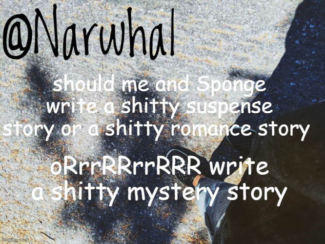 now this bitch is saying she wants to write a konky murder novel- we're on call lmfao -Nar | should me and Sponge write a shitty suspense story or a shitty romance story; oRrrRRrrRRR write a shitty mystery story | image tagged in narwhal announcement temp | made w/ Imgflip meme maker