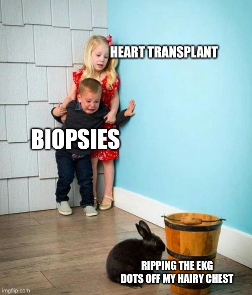 EKG dots hurt | HEART TRANSPLANT; BIOPSIES; RIPPING THE EKG DOTS OFF MY HAIRY CHEST | image tagged in children scared of rabbit,heart,transplant,surgery | made w/ Imgflip meme maker