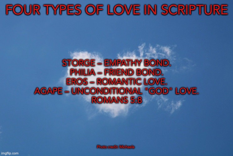 True Love, True Love | FOUR TYPES OF LOVE IN SCRIPTURE; STORGE – EMPATHY BOND.
PHILIA – FRIEND BOND.
EROS – ROMANTIC LOVE.
AGAPE – UNCONDITIONAL "GOD" LOVE.
ROMANS 5:8; Photo credit: Michaela | image tagged in god is love | made w/ Imgflip meme maker
