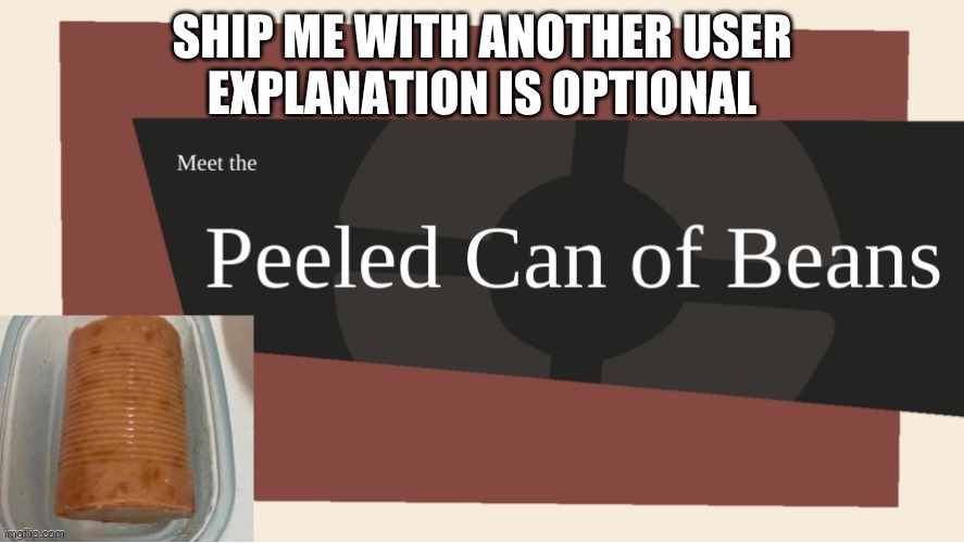 Meet the Peeled Can of Beans | SHIP ME WITH ANOTHER USER
EXPLANATION IS OPTIONAL | image tagged in meet the peeled can of beans | made w/ Imgflip meme maker