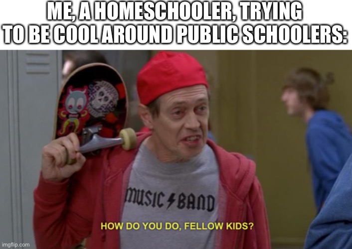 how do you do fellow kids | ME, A HOMESCHOOLER, TRYING TO BE COOL AROUND PUBLIC SCHOOLERS: | image tagged in how do you do fellow kids | made w/ Imgflip meme maker