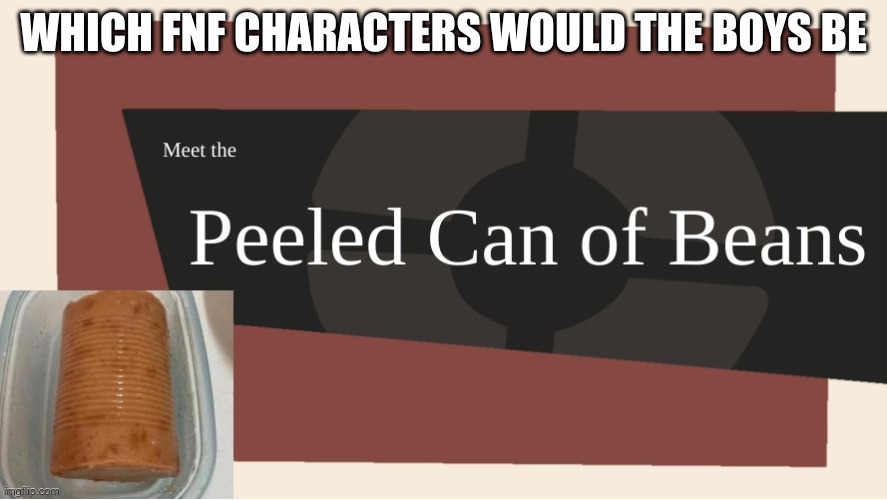 Meet the Peeled Can of Beans | WHICH FNF CHARACTERS WOULD THE BOYS BE | image tagged in meet the peeled can of beans | made w/ Imgflip meme maker