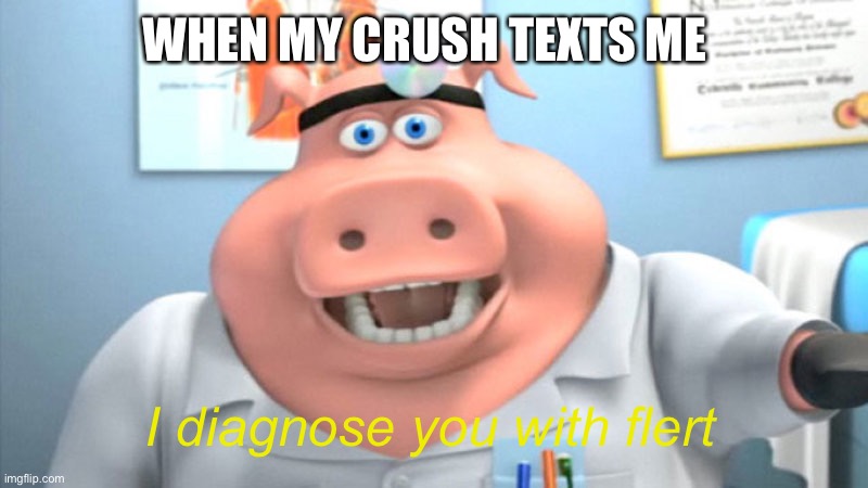 There’s zero evidence but I know it | WHEN MY CRUSH TEXTS ME; I diagnose you with flert | image tagged in i diagnose you with dead,flert,crush | made w/ Imgflip meme maker