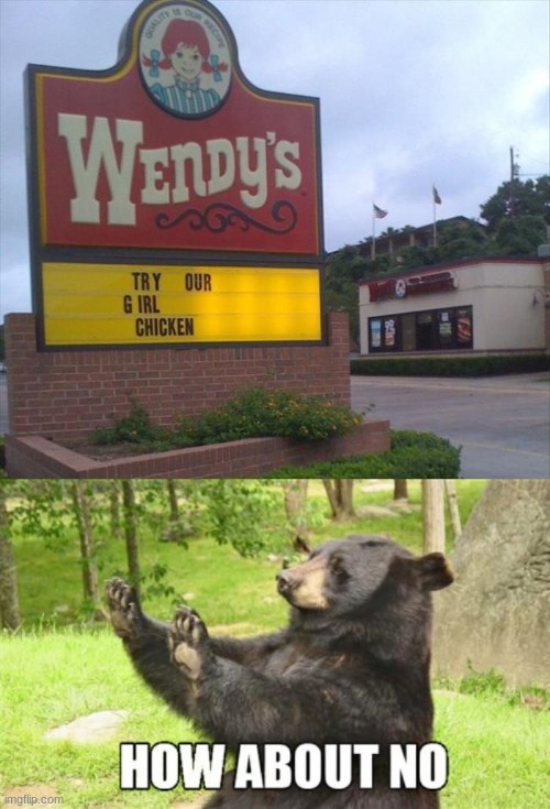 The Wendy's New Girl Chicken! | image tagged in memes,how about no bear,wendy's,stop,reading,you're actually reading the tags | made w/ Imgflip meme maker