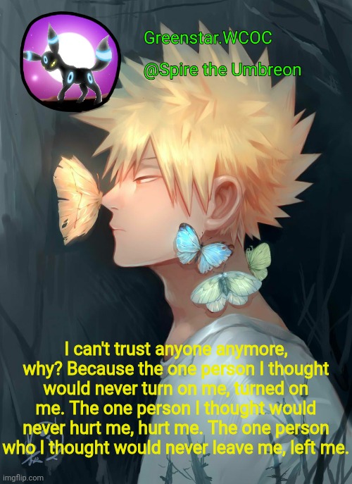 Spire Bakugou announcement temp | I can't trust anyone anymore, why? Because the one person I thought would never turn on me, turned on me. The one person I thought would never hurt me, hurt me. The one person who I thought would never leave me, left me. | image tagged in spire bakugou announcement temp | made w/ Imgflip meme maker