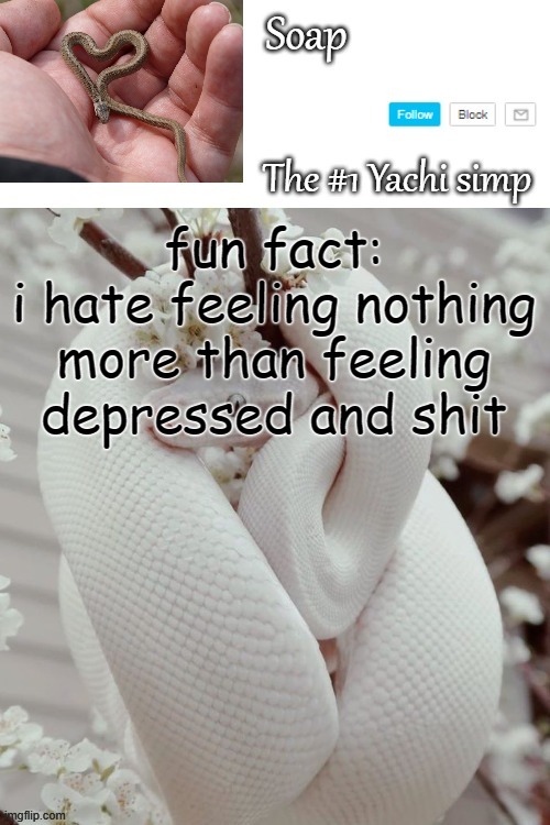if i end up killing myself at some point it would be when i can't feel anything not when i'm really depressed | fun fact:
i hate feeling nothing more than feeling depressed and shit | image tagged in soap snake temp ty yachi | made w/ Imgflip meme maker