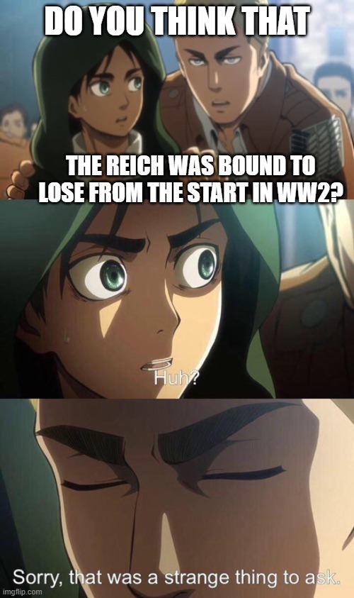 When you start asking the real history questions | DO YOU THINK THAT; THE REICH WAS BOUND TO LOSE FROM THE START IN WW2? | image tagged in strange question attack on titan | made w/ Imgflip meme maker
