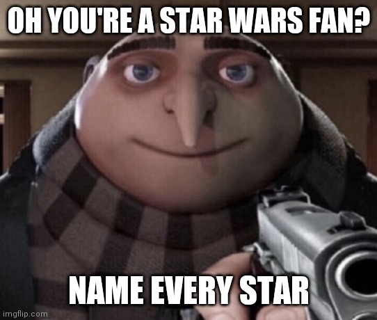 Gru meme | OH YOU'RE A STAR WARS FAN? NAME EVERY STAR | image tagged in gru meme | made w/ Imgflip meme maker