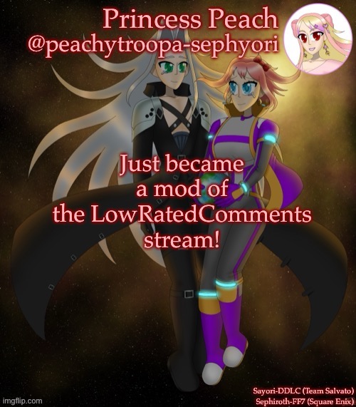 Link to the stream in the comments | Just became a mod of the LowRatedComments stream! | image tagged in sayori and sephiroth | made w/ Imgflip meme maker