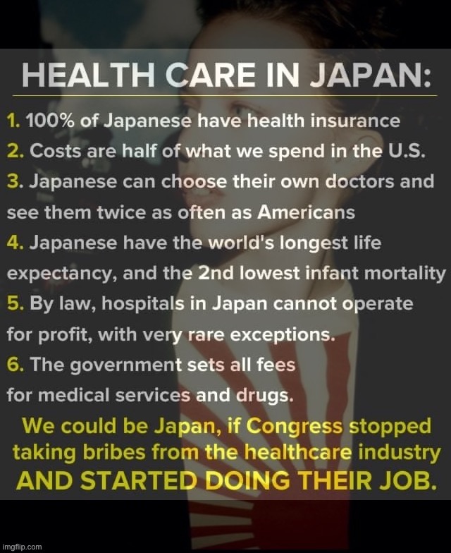 There are models of successful healthcare systems around the world. We just need the political will to implement them. | image tagged in kylie healthcare japan,healthcare,health care,america,health,japan | made w/ Imgflip meme maker
