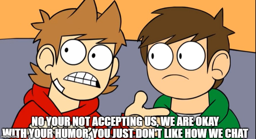 tord shhh this is the best part | NO YOUR NOT ACCEPTING US, WE ARE OKAY WITH YOUR HUMOR, YOU JUST DON'T LIKE HOW WE CHAT | image tagged in tord shhh this is the best part | made w/ Imgflip meme maker