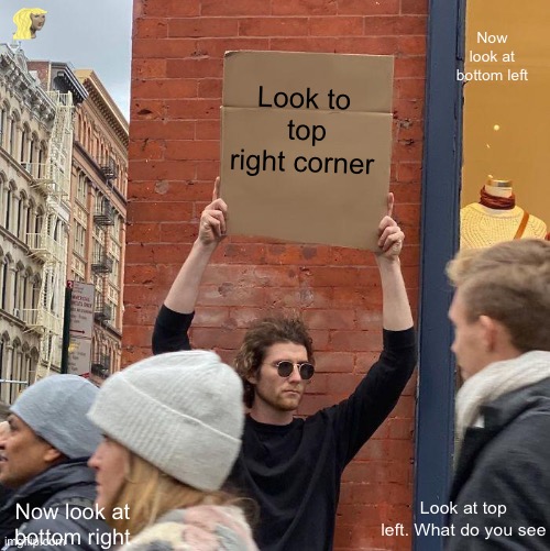 What do you see | Now look at bottom left; Look to  top right corner; Look at top left. What do you see; Now look at bottom right | image tagged in memes,guy holding cardboard sign | made w/ Imgflip meme maker