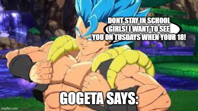 DONT STAY IN SCHOOL GIRLS! I WANT TO SEE YOU ON TUSDAYS WHEN YOUR 18! GOGETA SAYS: | made w/ Imgflip meme maker