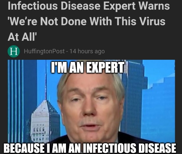 We know you all will never be done with this "virus". But many of us are | I'M AN EXPERT; BECAUSE I AM AN INFECTIOUS DISEASE | image tagged in covid-19,corona virus,media lies,infection,politics | made w/ Imgflip meme maker