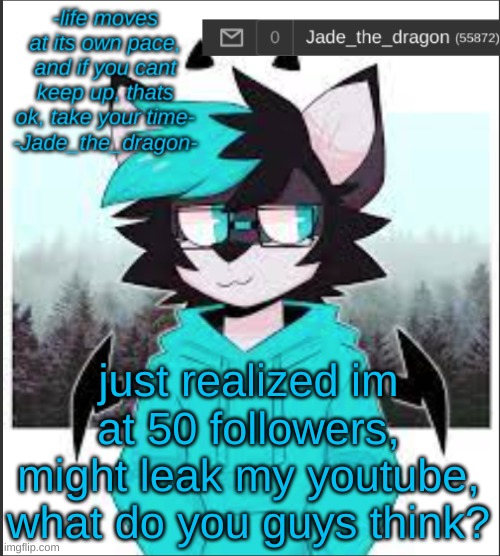 should i? | just realized im at 50 followers, might leak my youtube, what do you guys think? | image tagged in jade light mode | made w/ Imgflip meme maker
