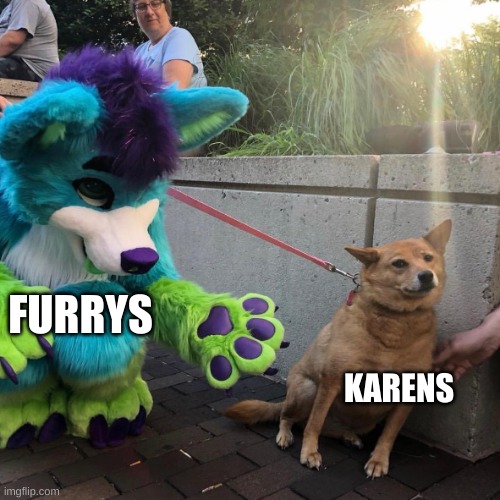 who will win |  KARENS; FURRYS | image tagged in dog afraid of furry | made w/ Imgflip meme maker