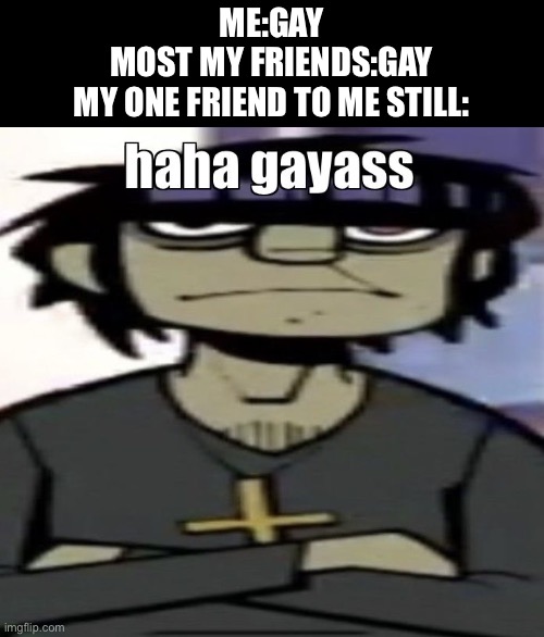 Murdoc is gay | ME:GAY
MOST MY FRIENDS:GAY
MY ONE FRIEND TO ME STILL: | image tagged in gorillaz,murdoc,friends,gay | made w/ Imgflip meme maker