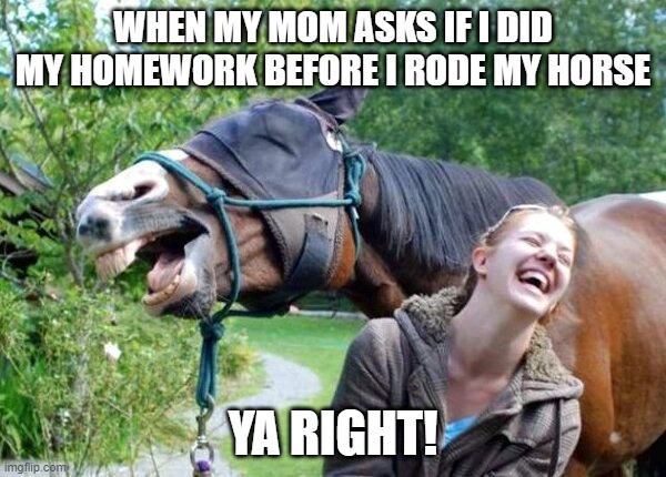 Laughing Horse |  WHEN MY MOM ASKS IF I DID MY HOMEWORK BEFORE I RODE MY HORSE; YA RIGHT! | image tagged in laughing horse | made w/ Imgflip meme maker