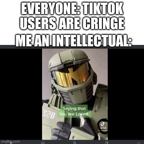 Not all TikTokers are cringe 14 year olds | EVERYONE: TIKTOK USERS ARE CRINGE; ME AN INTELLECTUAL: | image tagged in tiktok,halo,blank white template | made w/ Imgflip meme maker