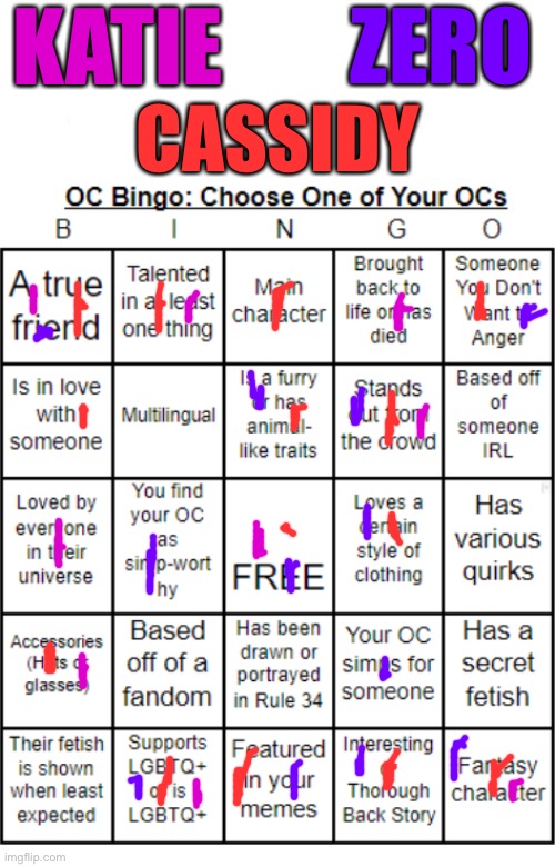 TheSuitedGayWeeb's OC Bingo | KATIE CASSIDY ZERO | image tagged in jer-sama's oc bingo | made w/ Imgflip meme maker