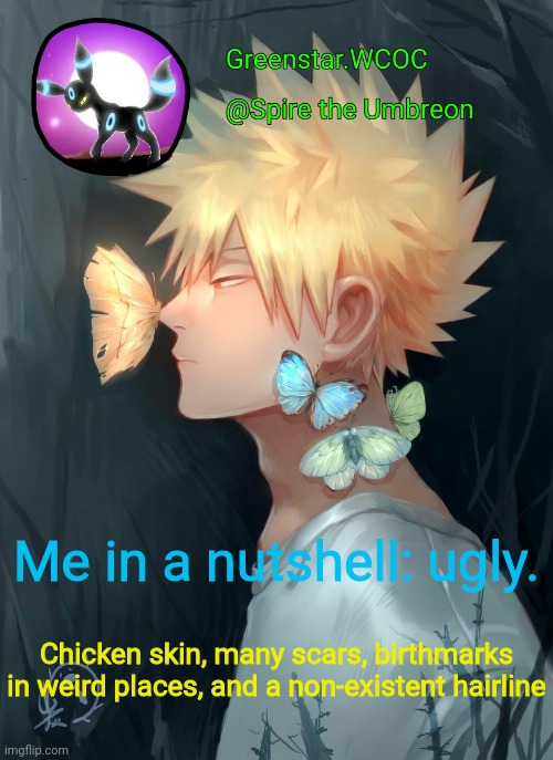 Spire Bakugou announcement temp | Me in a nutshell: ugly. Chicken skin, many scars, birthmarks in weird places, and a non-existent hairline | image tagged in spire bakugou announcement temp | made w/ Imgflip meme maker