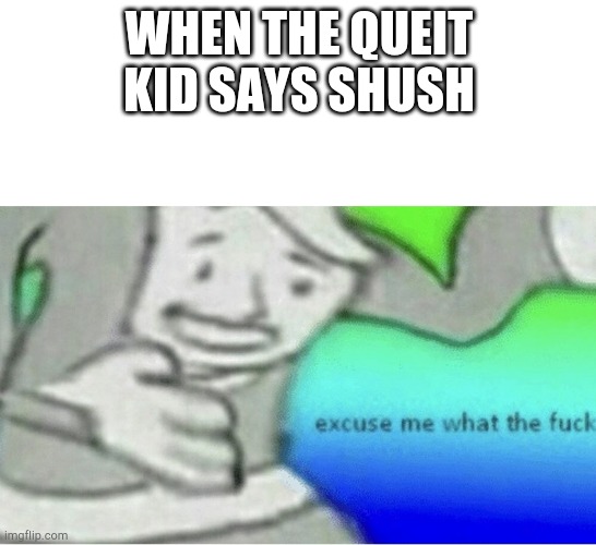 WAIT wut | WHEN THE QUEIT KID SAYS SHUSH | image tagged in excuse me wtf blank template | made w/ Imgflip meme maker